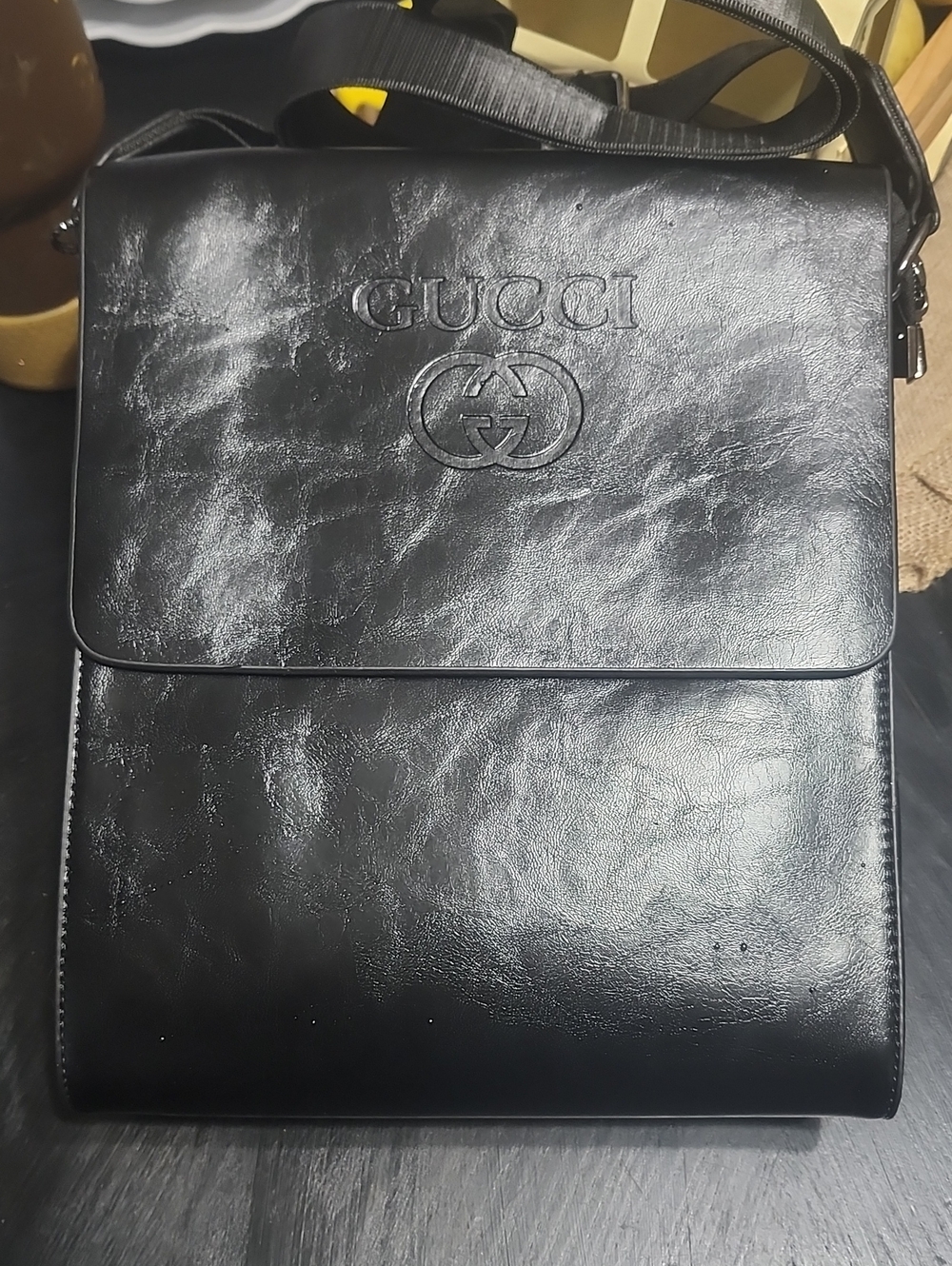 Fashion Black Leather Embossed Messenger Bag